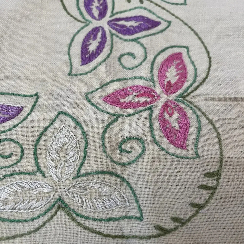 Hand-Embroidered Linen Kitchen Towel 29 x 33 in Yellow w/ Multicolor Floral